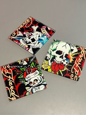 Ed Hardy Table Top Glass Coasters with Signature Design Set of 3